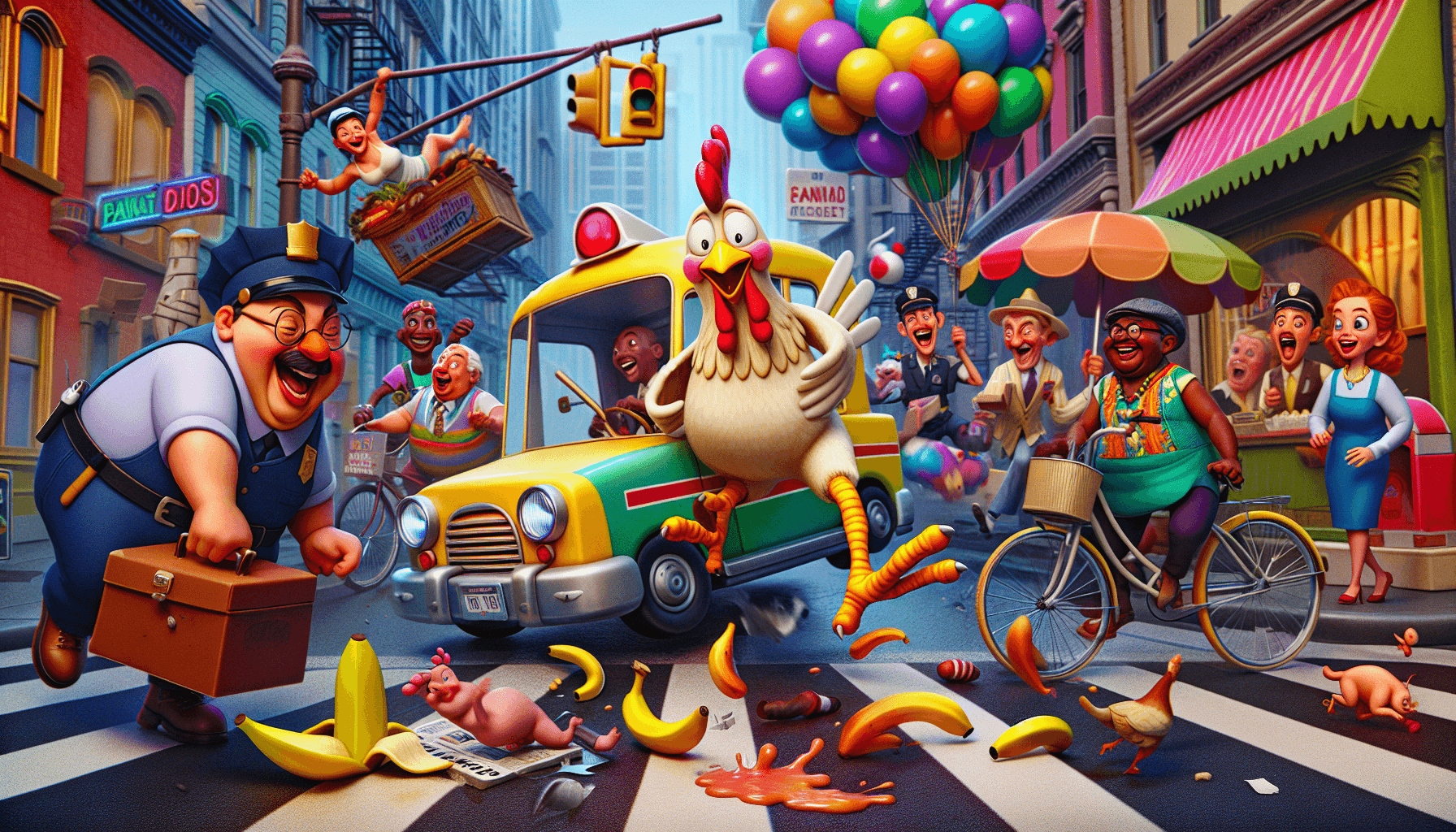 Pollo conduciendo en la ciudad